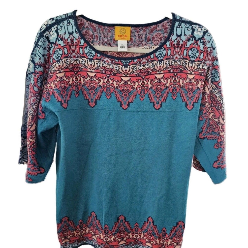 Ruby Rd Women's Petite Teal Knit Top Coral Geometric Aztec Folklorica Top